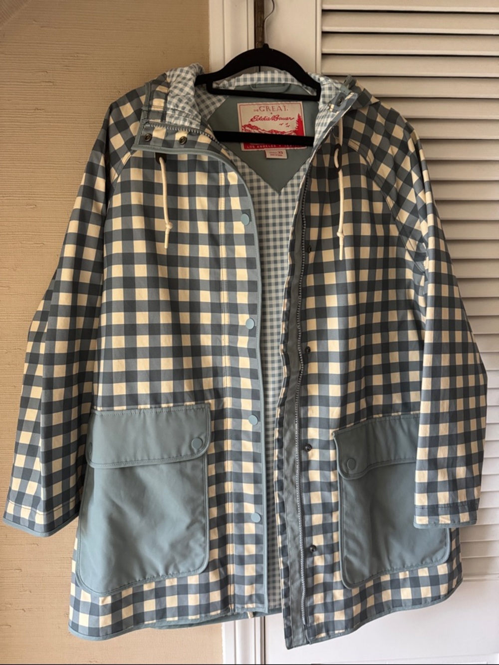 The Great X Eddie Bauer Blue and Cream Gingham Hooded Raincoat Size XS